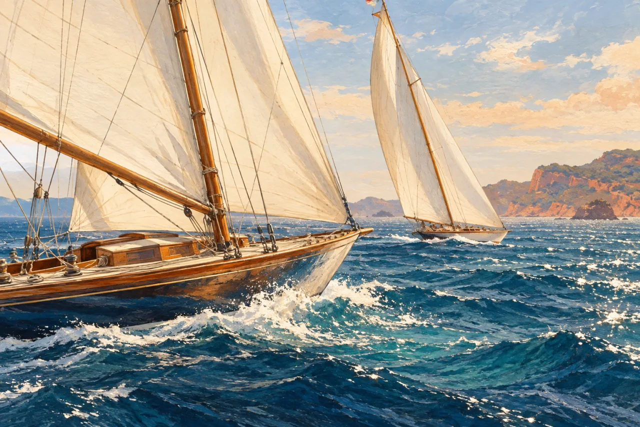 An illustration of two classic sailing boats off an imagined Mediterranean coast.