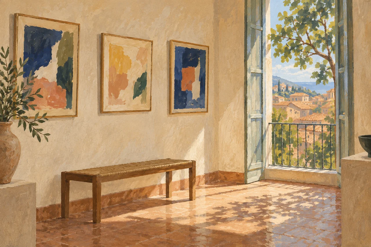 An imagined gallery with abstract colour studies and a window overlooking Provençal rooftops.