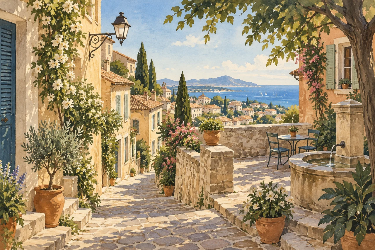 An imagined Mediterranean lane painted in gouache, with ochre façades and a view of the sea.