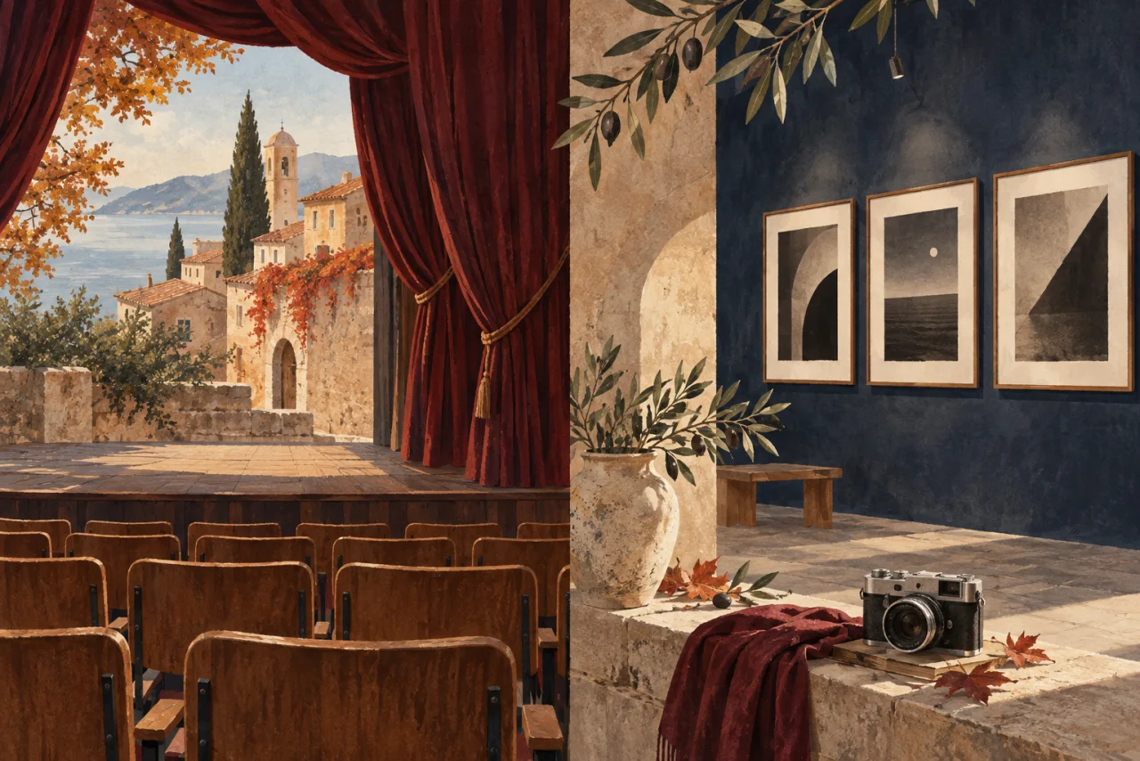 An imagined illustration combining a theatre stage, wooden chairs, a gallery of abstract photographs and a camera.