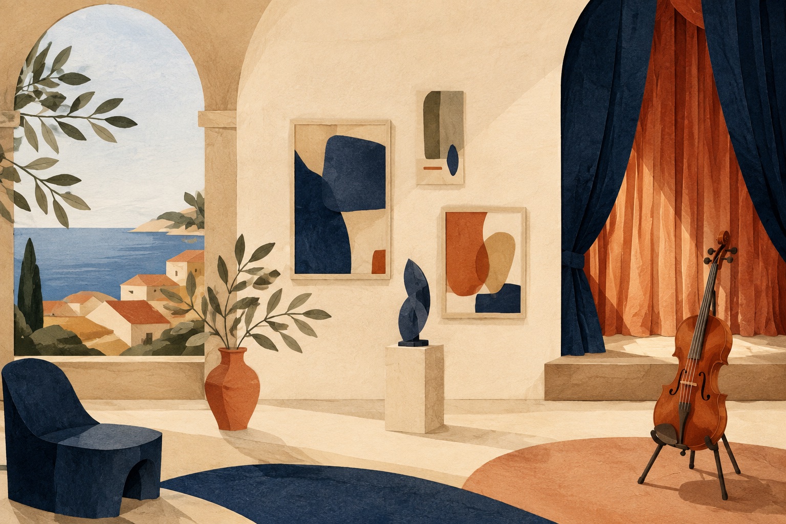 Illustration of an imaginary gallery, theatre curtains and a string instrument in a Mediterranean atmosphere.