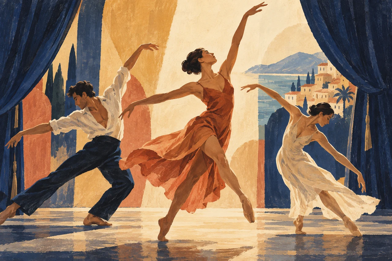 A painted illustration of three dancers on an imagined stage with navy-blue curtains.
