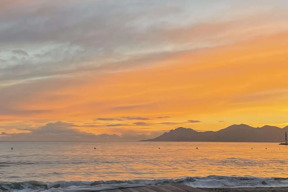 Cannes coastline and Mediterranean Sea at sunset