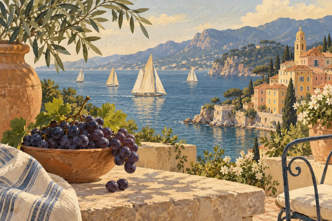 An imagined illustration of grapes, a village and sailing boats in a Mediterranean bay.