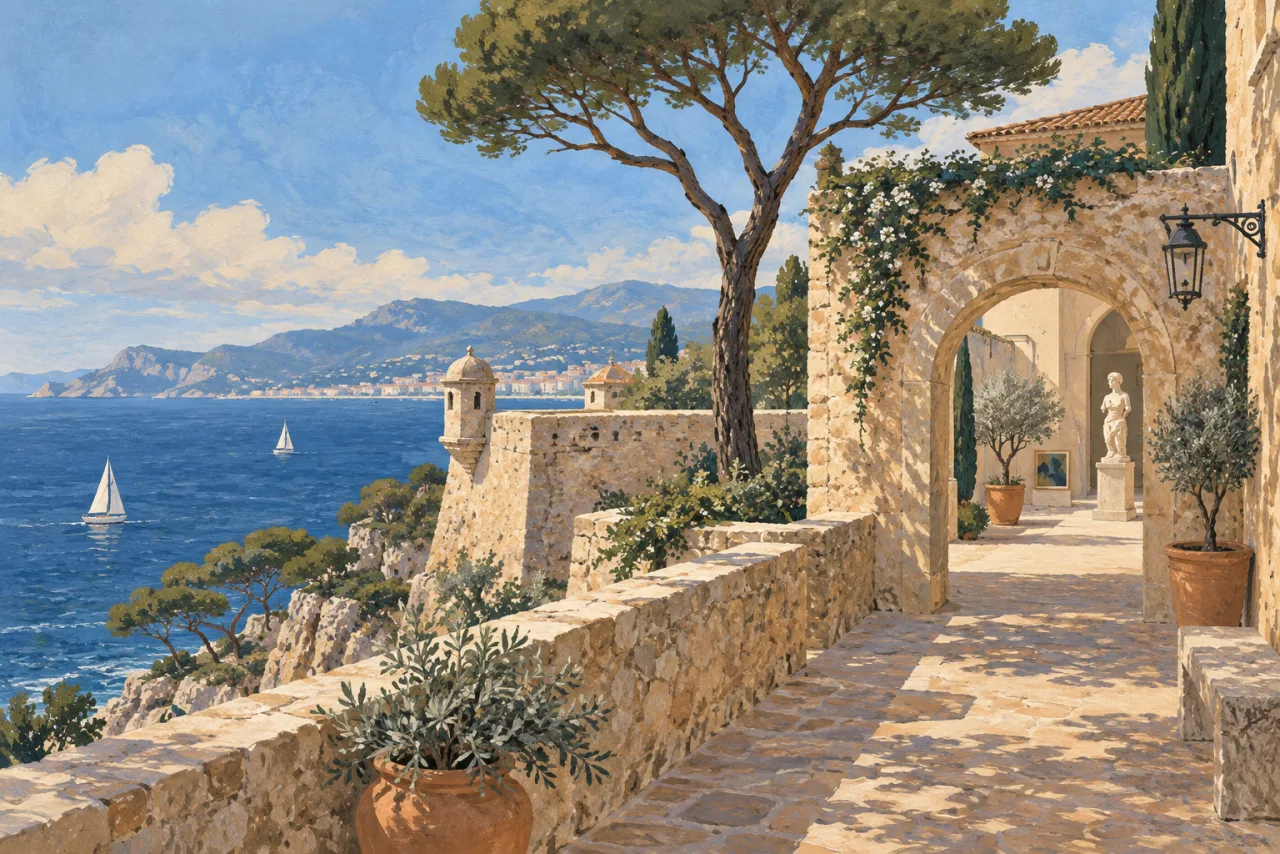 An illustration of imagined ramparts and a museum courtyard beside the Mediterranean.