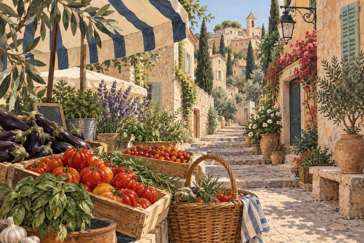 An illustration of a vegetable stall in an imagined Mediterranean lane.