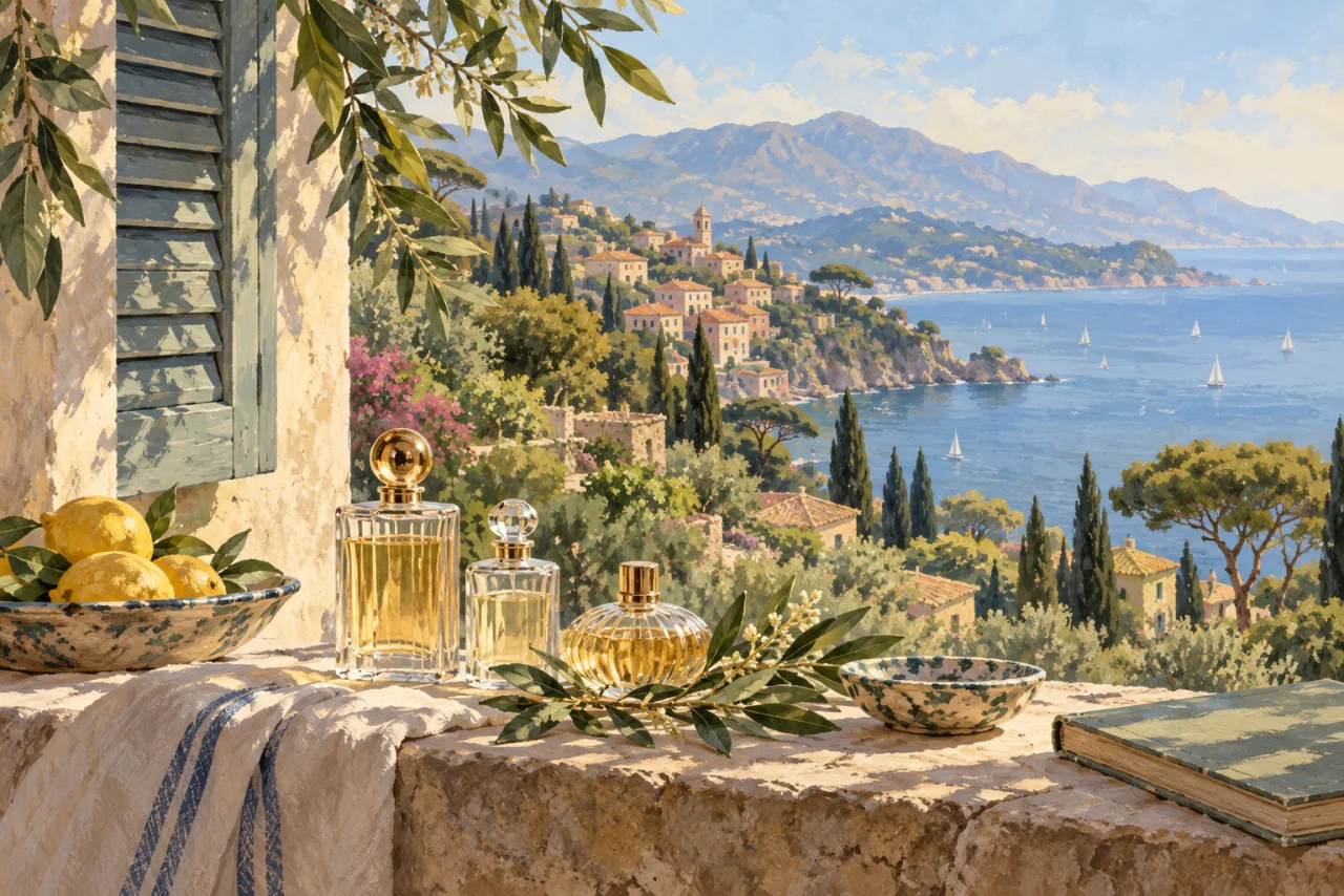 An illustration of perfume bottles against an imagined Mediterranean landscape.