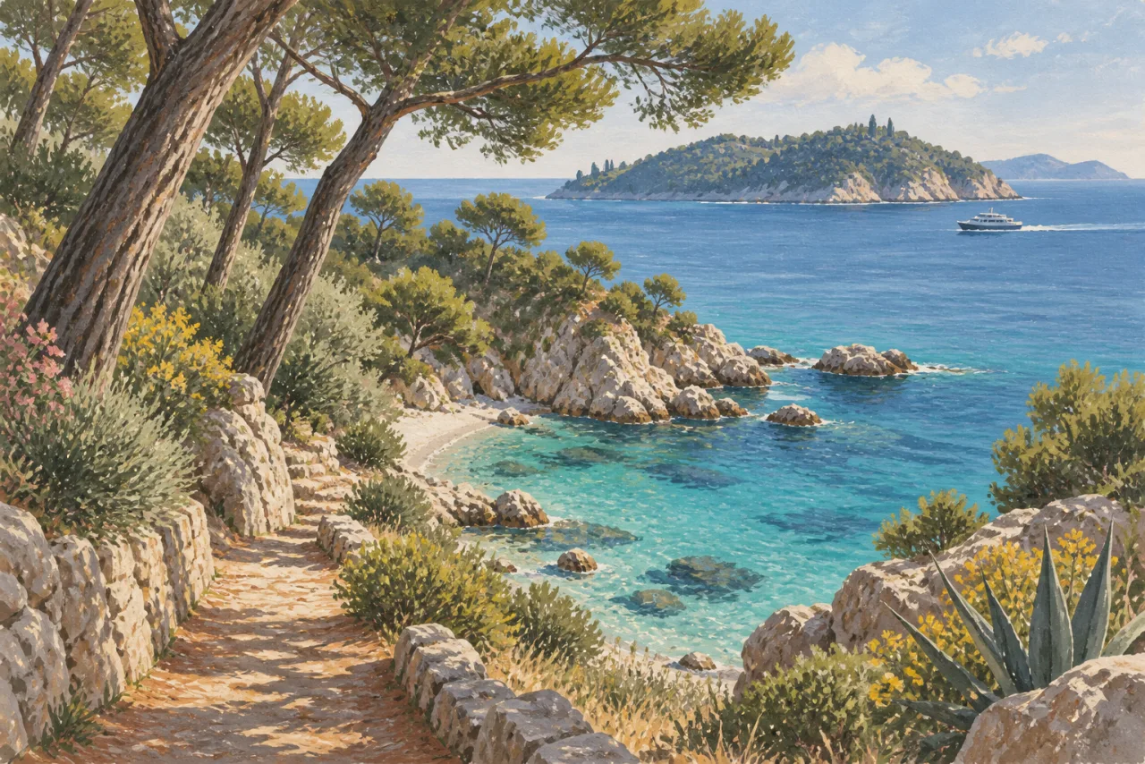 An illustration of an imagined Mediterranean island, cove and pine trees.