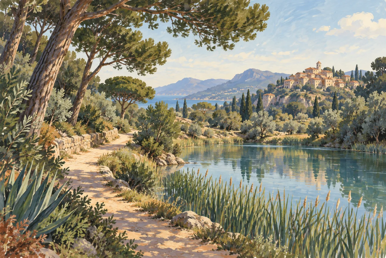 An illustration of an imagined path, pond and Mediterranean village.