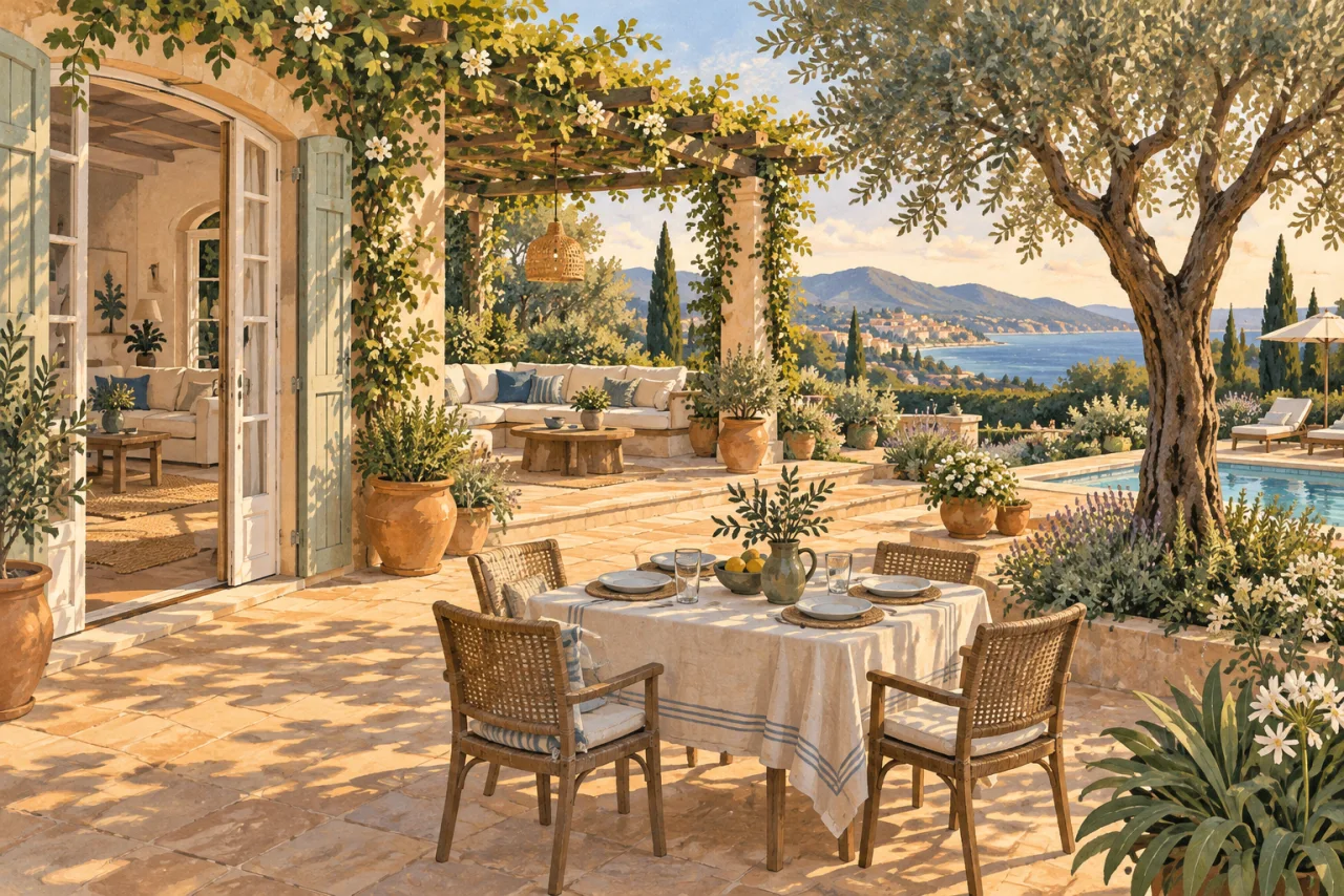 Painted illustration of a shaded terrace, Mediterranean garden and swimming pool beside an imaginary villa