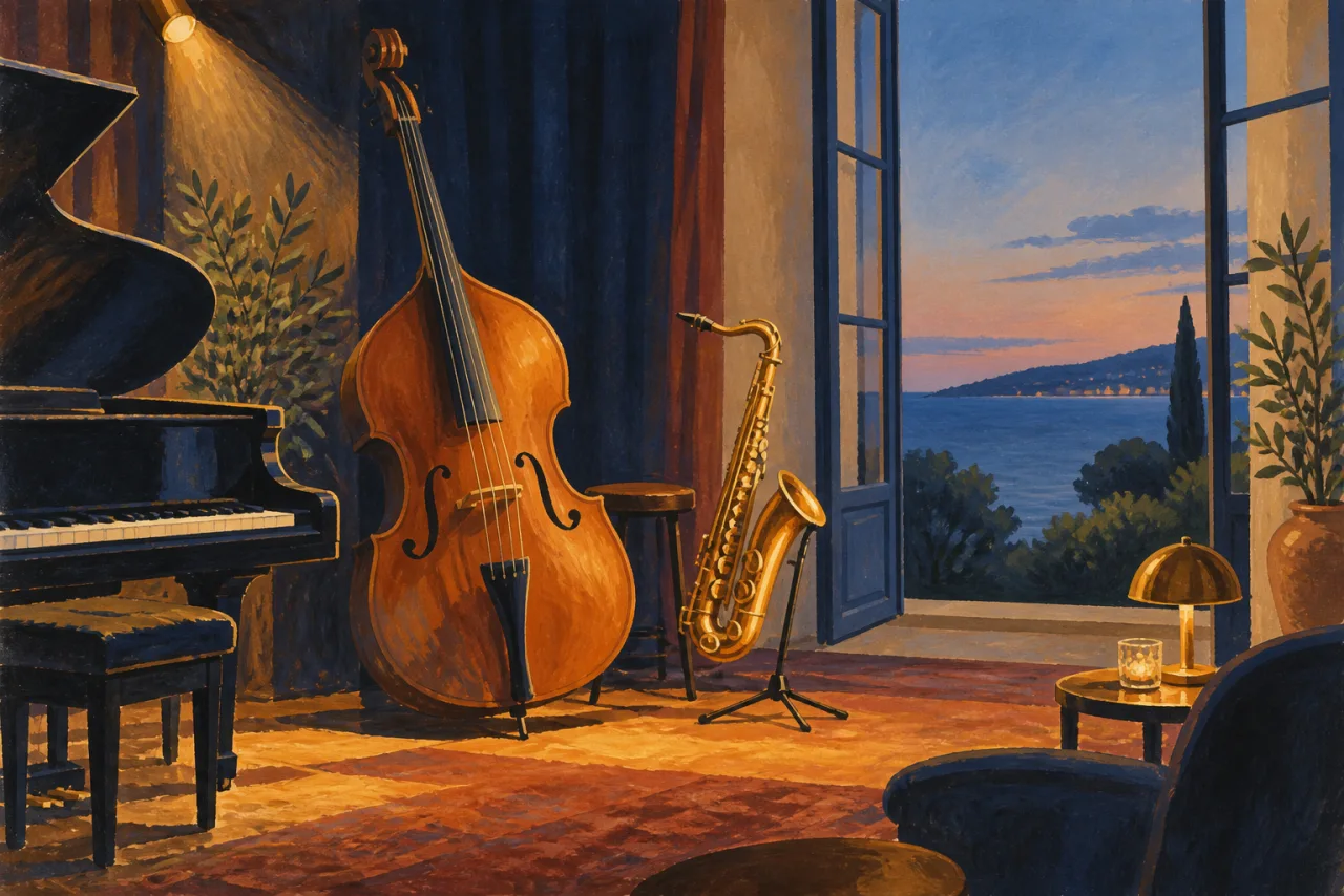 A painted illustration of a double bass, saxophone and piano in a jazz setting at dusk.