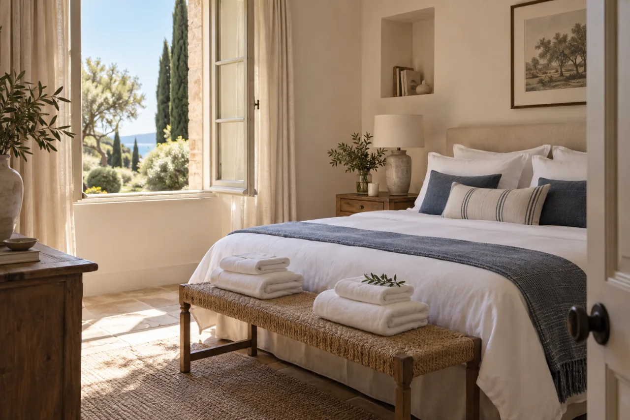Illustration: a bedroom and fresh household linen prepared before the owners arrive.