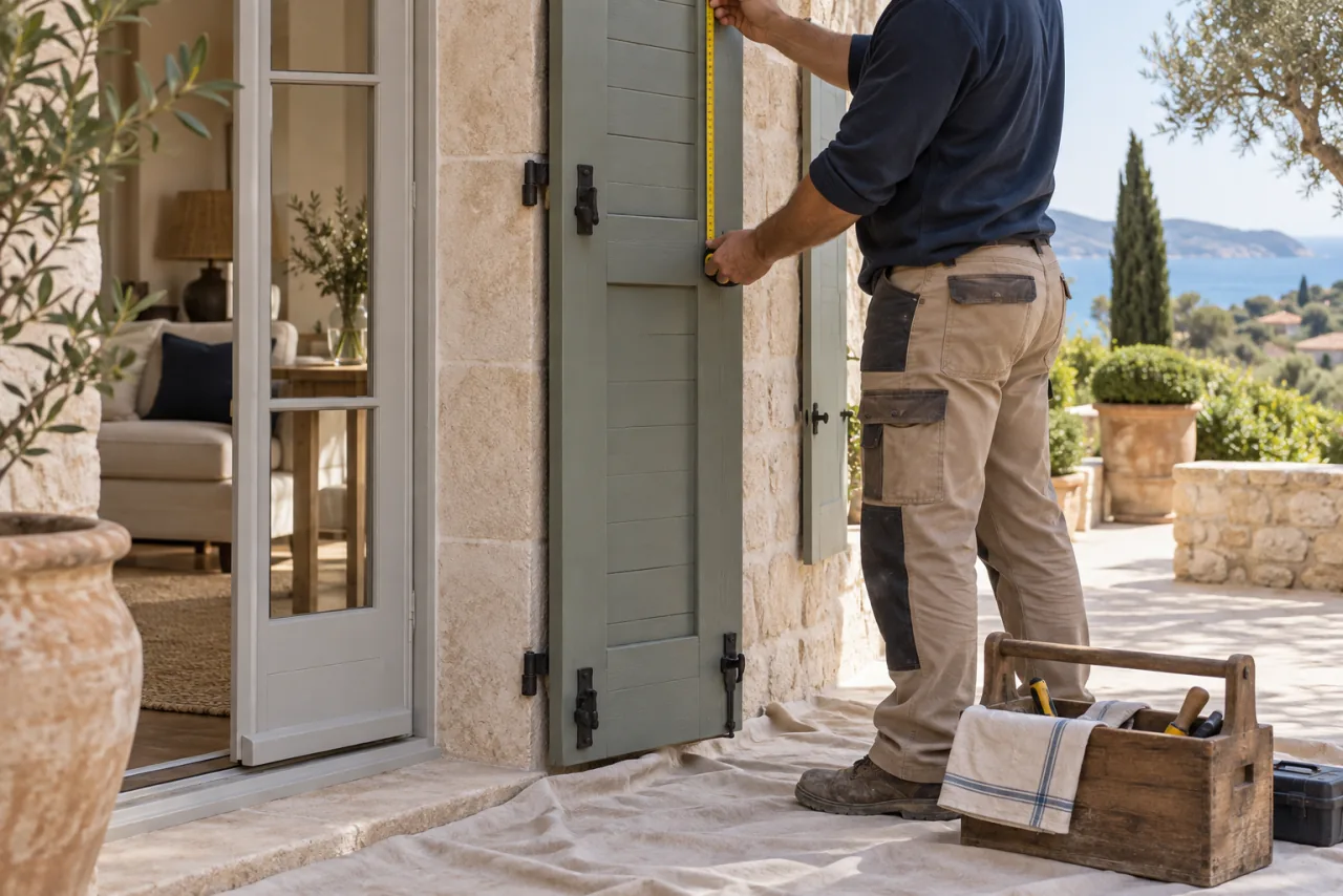 Illustration: a tradesperson measures a wooden shutter during a property maintenance visit.
