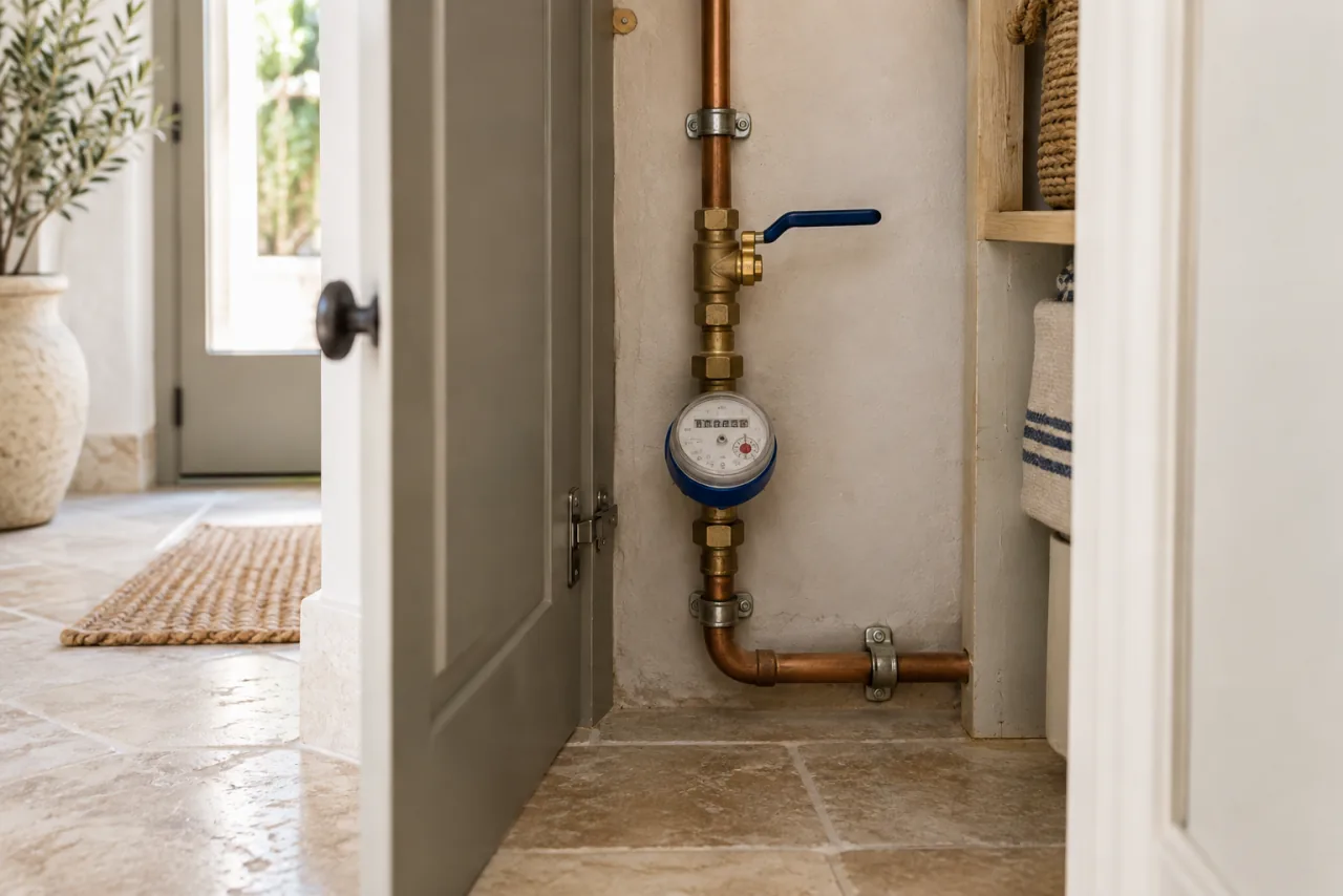 Illustration: a shut-off valve and water meter inside a utility cupboard.