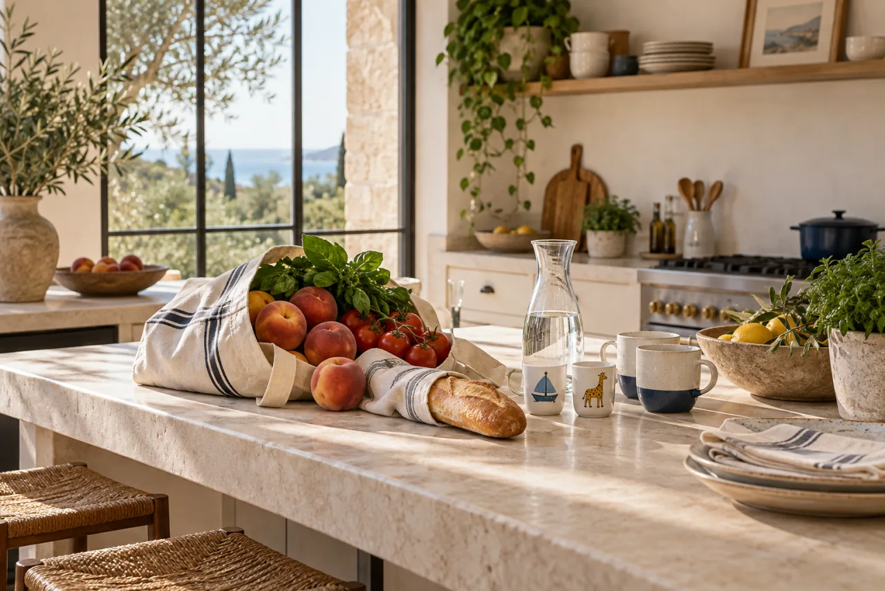 Illustration: first groceries and tableware prepared in a kitchen for a family’s arrival.