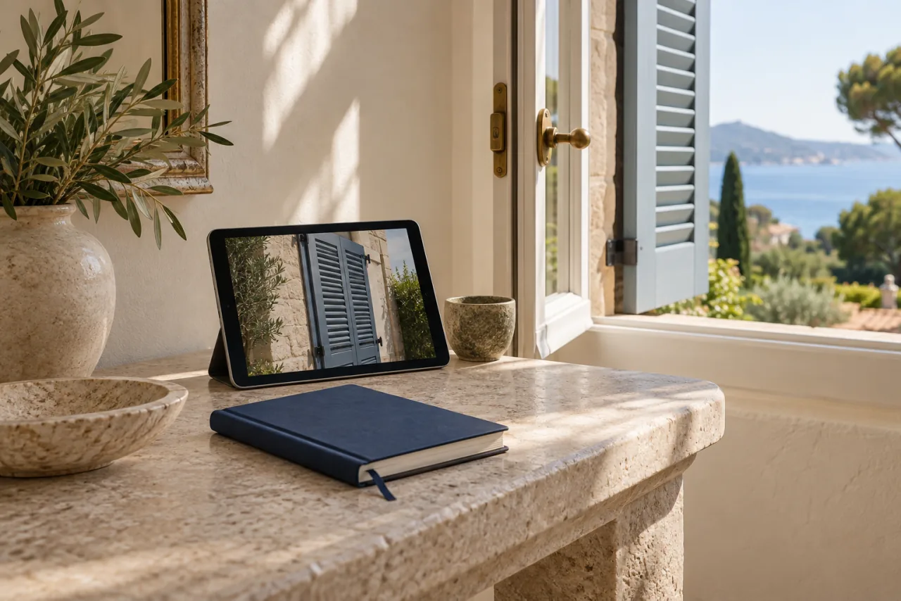 Illustration: a property notebook and tablet beside a window, ready to document a home visit.