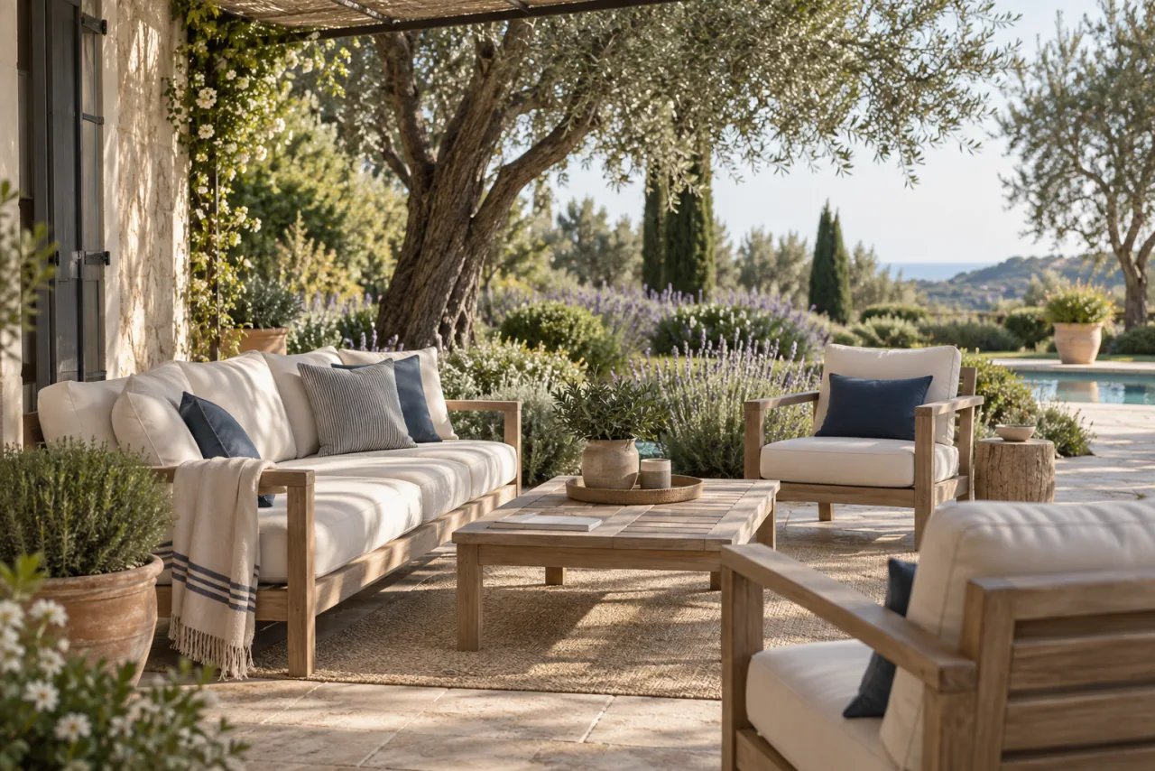 Illustration: outdoor seating prepared beneath a pergola, surrounded by olive trees and lavender.