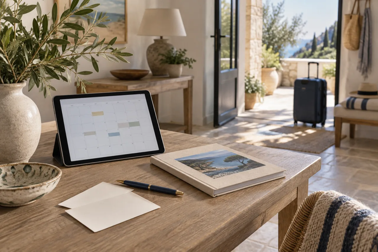 Illustration: a calendar and guest information booklet for preparing a stay after booking confirmation.