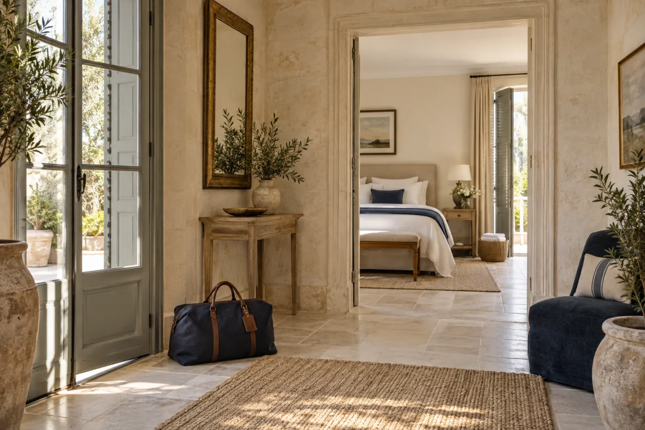 Illustration: an entryway and bedroom prepared for a stay, with luggage and household linen.