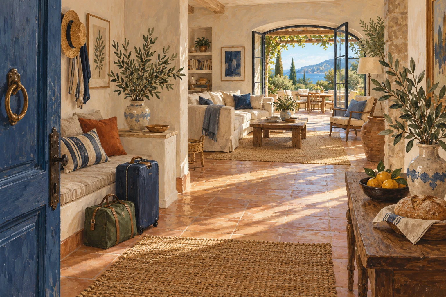 Painted illustration of a home prepared for the arrival of family and friends.