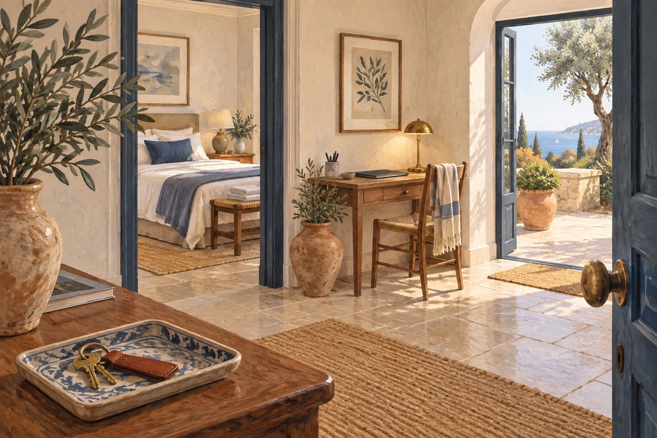 Painted illustration of an imaginary villa prepared for guests, with a bedroom, desk and keys by the entrance.