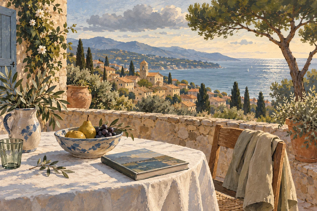 A painted illustration of an imagined Mediterranean terrace in autumn, with a laid table, a book and views of a village and the sea.