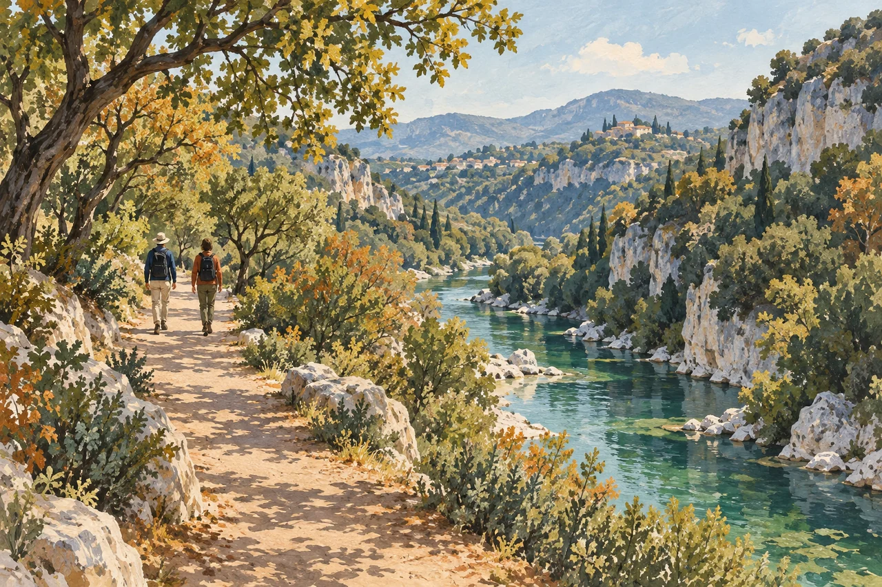 A painted illustration of an imagined Mediterranean valley, with two walkers on a wooded path above a green river.